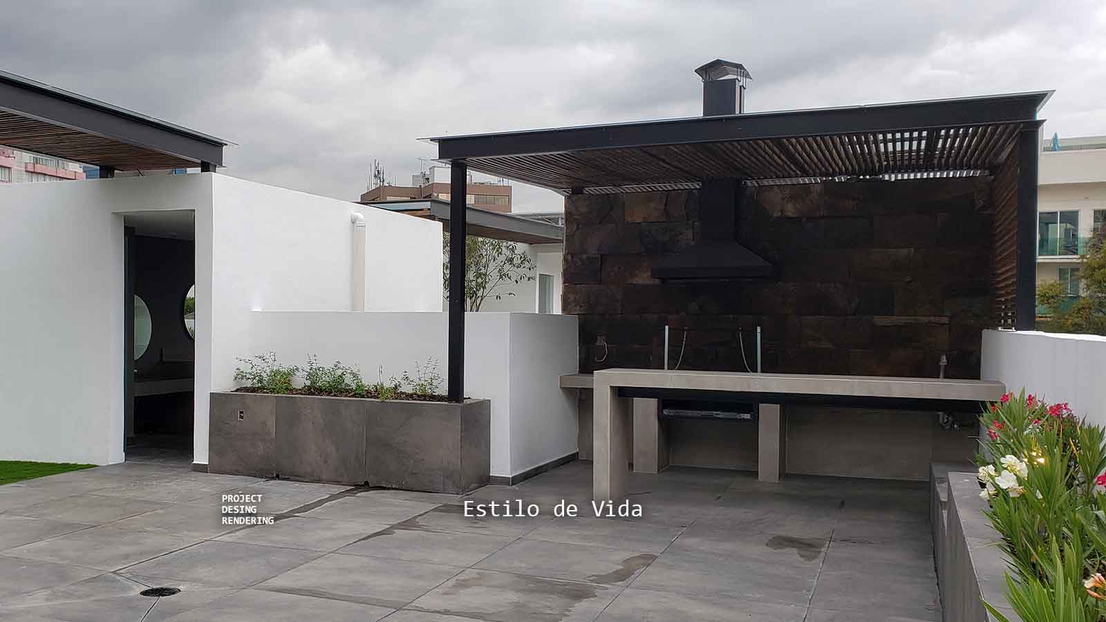 Roof garden en área común con pergola
